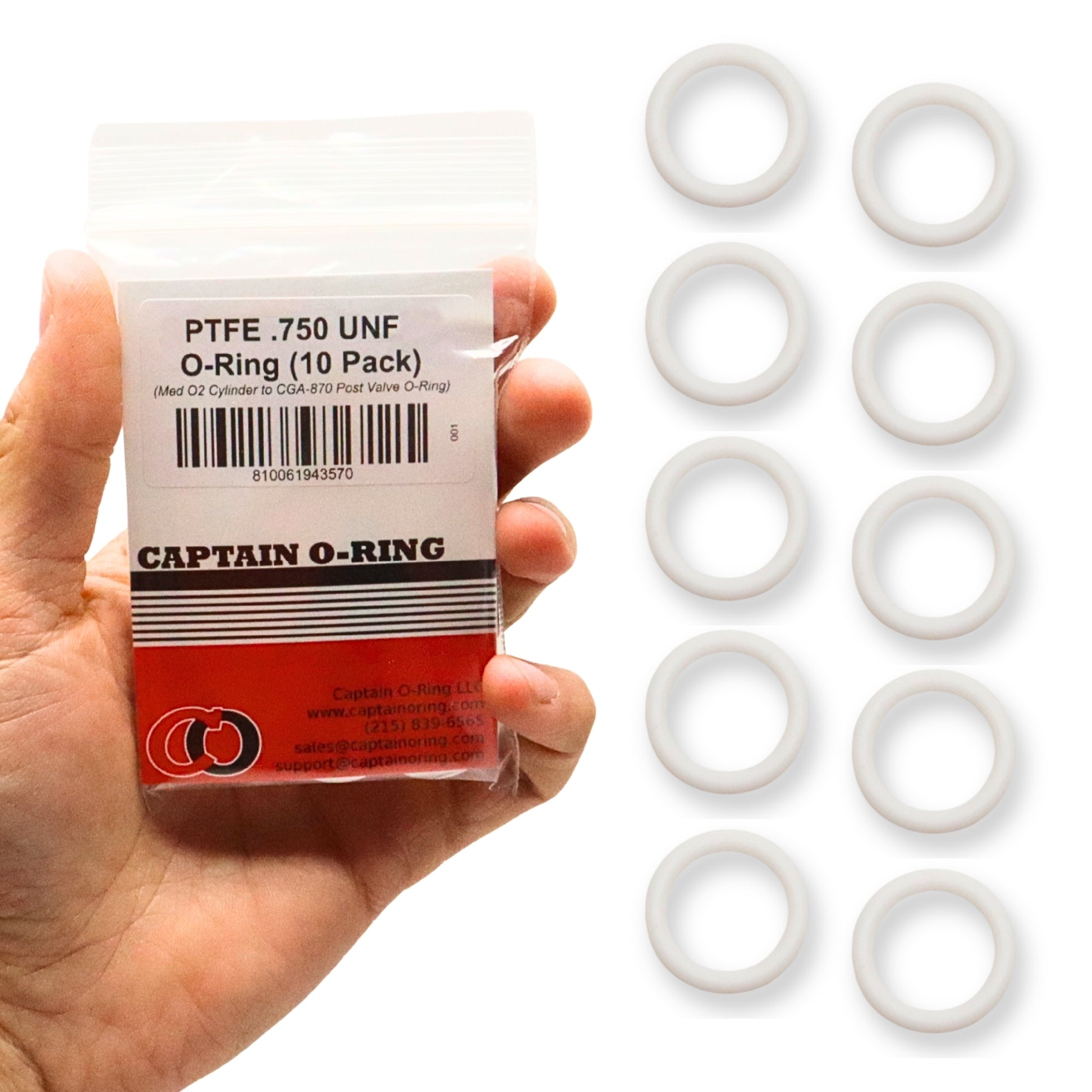 PTFE Teflon .750" UNF CGA-870 Oxygen Cylinder-To-Valve O-Rings (10 Pack)