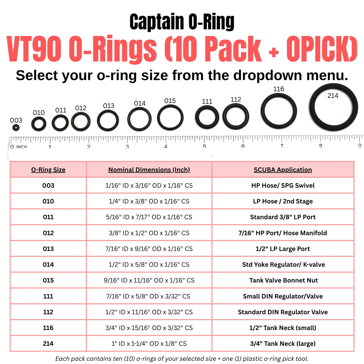 SCUBA O-Rings - 10pcs Viton/FKM O-Ring + Pick Tool [Select O-Ring Size]
