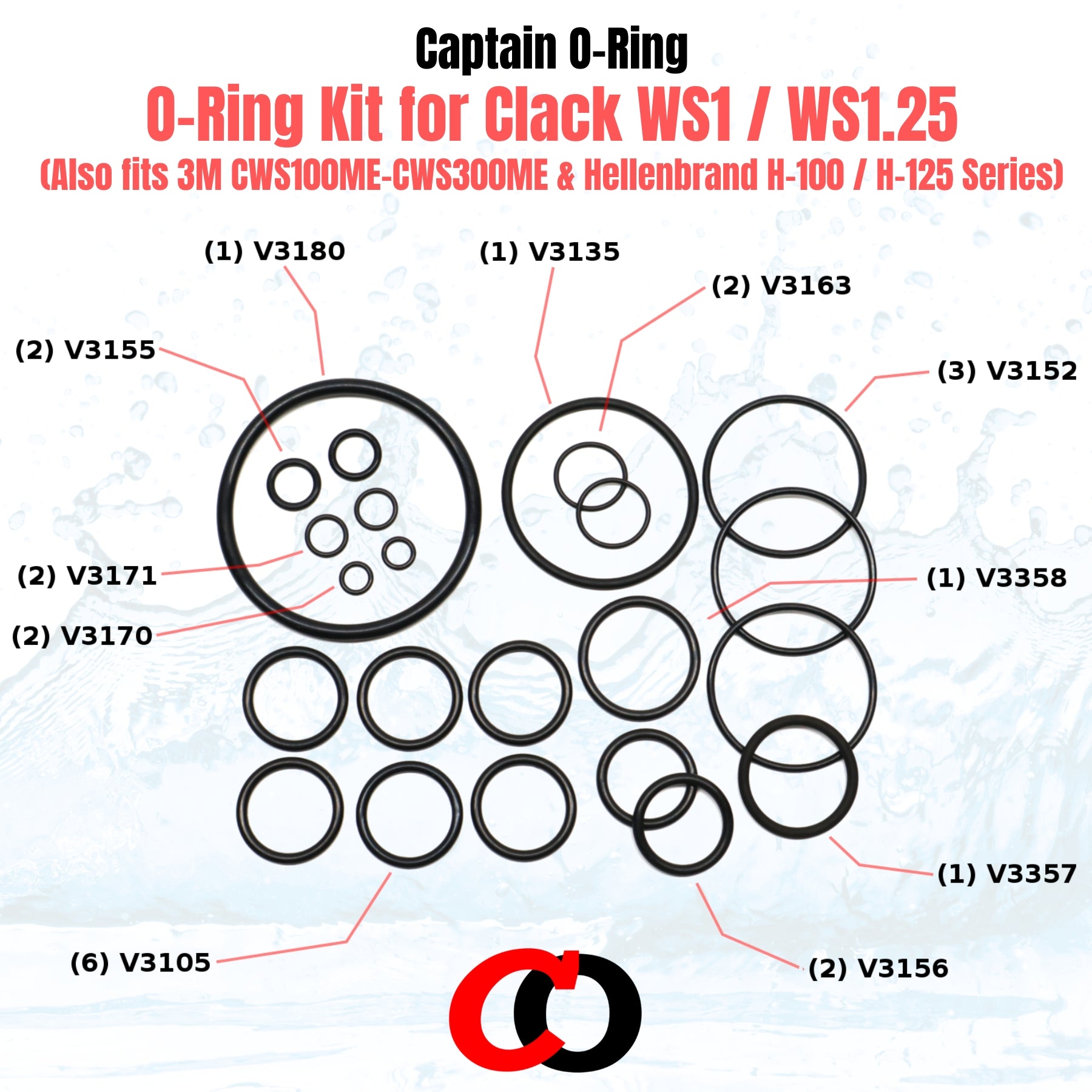 O-Ring Kit for Clack WS1 / WS1.25, 3M CWS100ME-CWS300ME, Hellenbrand H-100 H-125 Water Softener