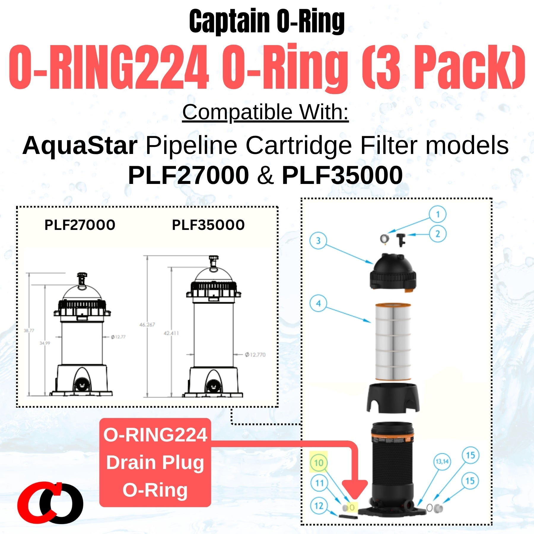 O-RING224 Drain Plug O-Ring for AquaStar PLF27000 and PLF35000 Pipeline Filters (3 Pack)