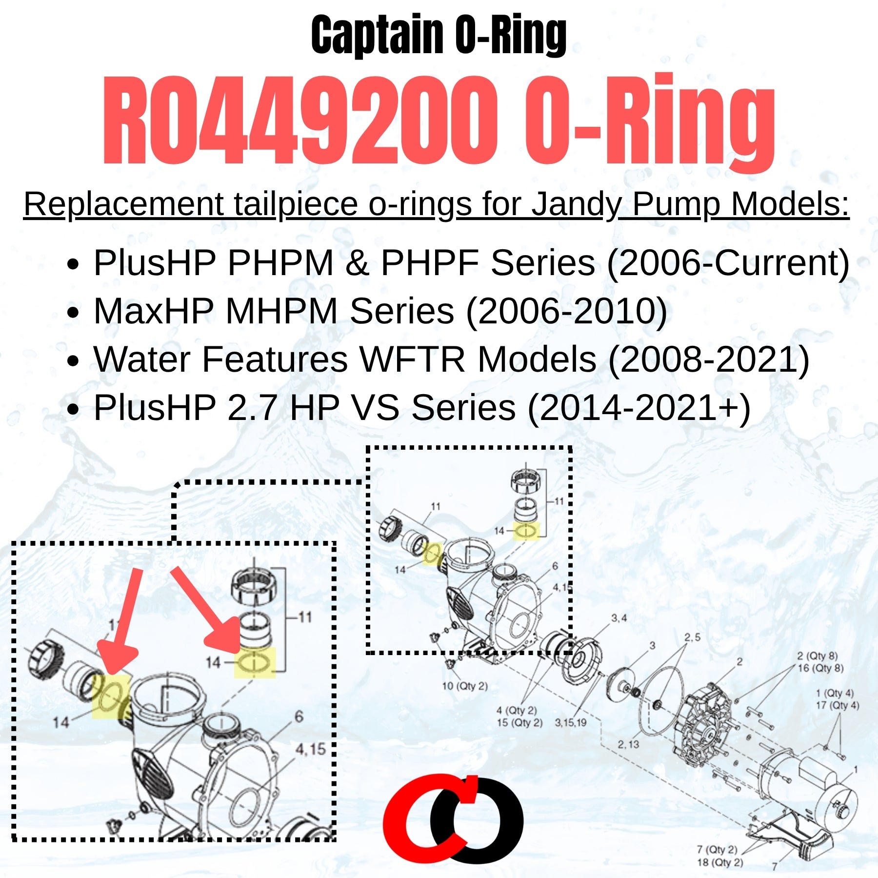R0449200 Tailpiece O-Rings for Jandy PlusHP PHPM PHPF, MaxHP MHPM, Water Feature WFTR Pool Pumps (4 Pack)
