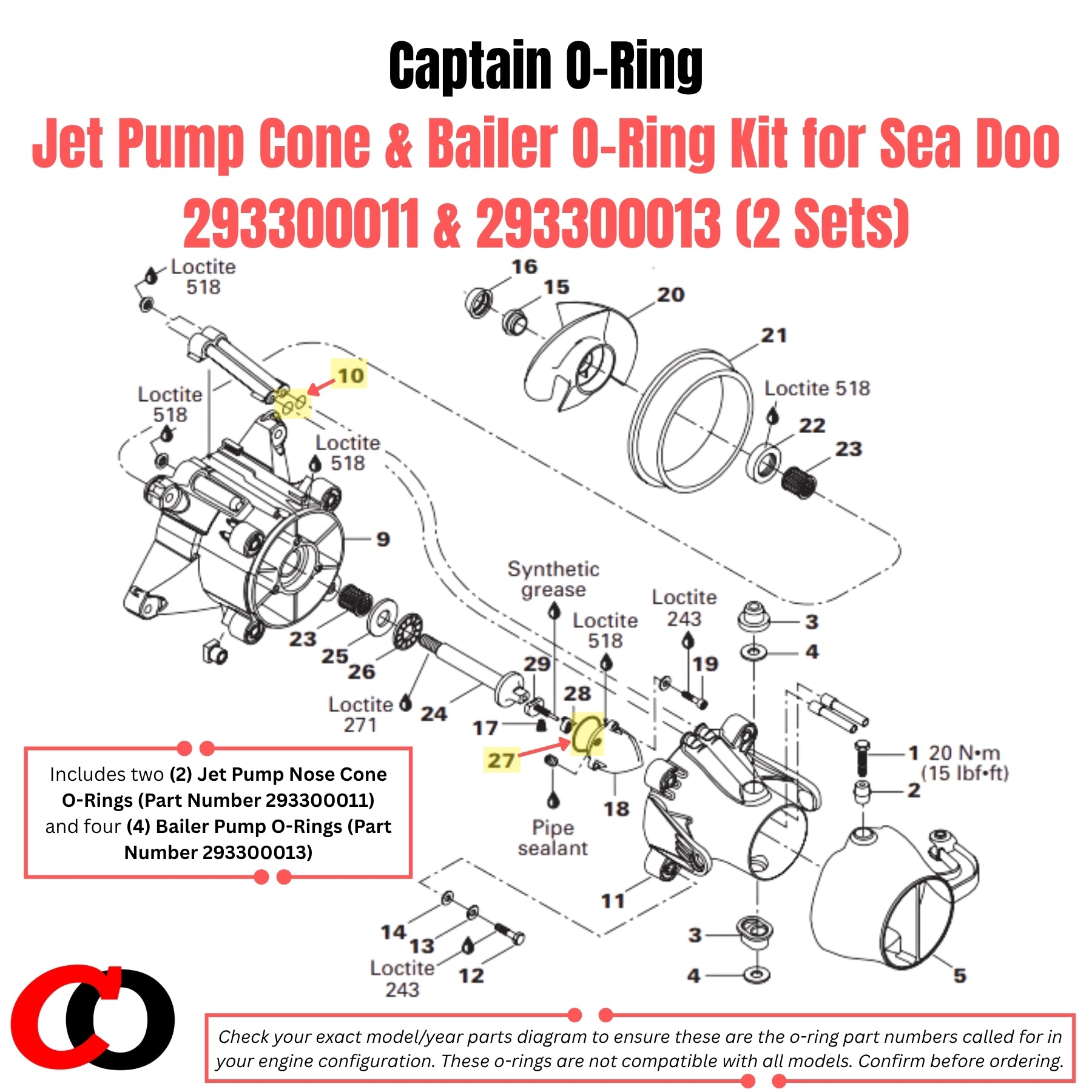 Jet Pump Cone & Bailer O-Ring Kit for Sea Doo 293300011 & 293300013 (2 Sets)