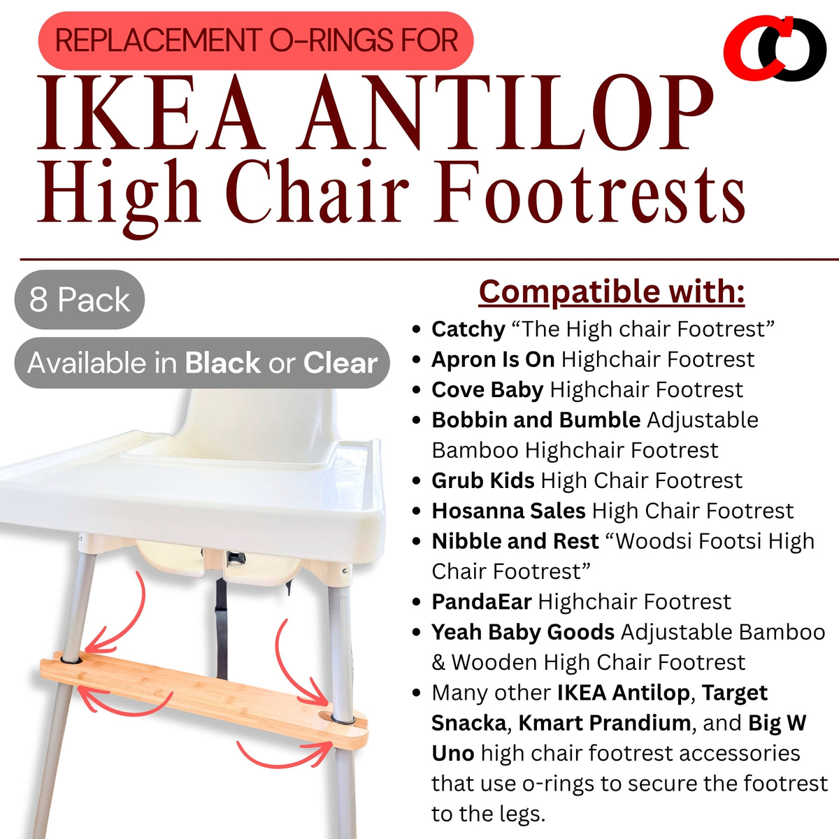 O-Rings for IKEA Antilop Baby High Chair Footrest (8 Pack) - Choose Color