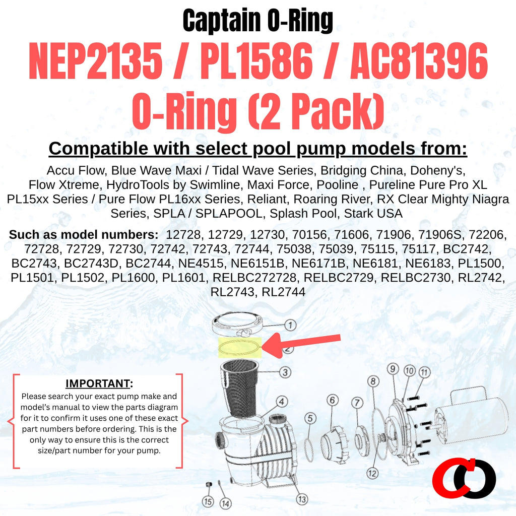 NEP2135 / PL1586 / AC81396 o-rings for Pureline, Splash, Blue Wave, SPLAPOOL, Doheny’s, Reliant, Pooline, and more Pool Pumps (2 Pack)