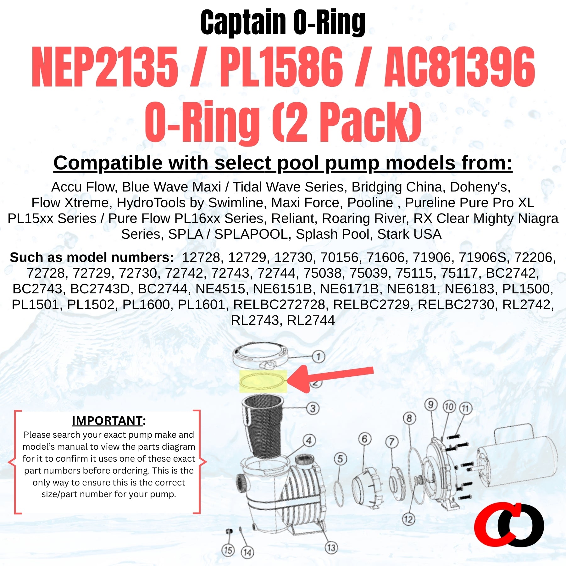 NEP2135 / PL1586 / AC81396 o-rings for Pureline, Splash, Blue Wave, SPLAPOOL, Doheny’s, Reliant, Pooline, and more Pool Pumps (2 Pack)