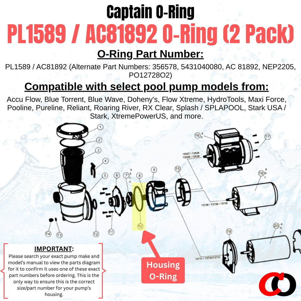 PL1589 / AC81892 Pump Housing O-Rings for Pureline Blue Torrent, Splash, Blue Wave, and more (2 Pack)