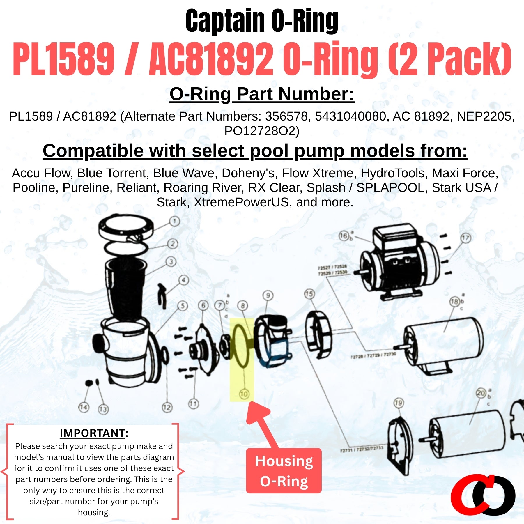 PL1589 / AC81892 Pump Housing O-Rings for Pureline Blue Torrent, Splash, Blue Wave, and more (2 Pack)