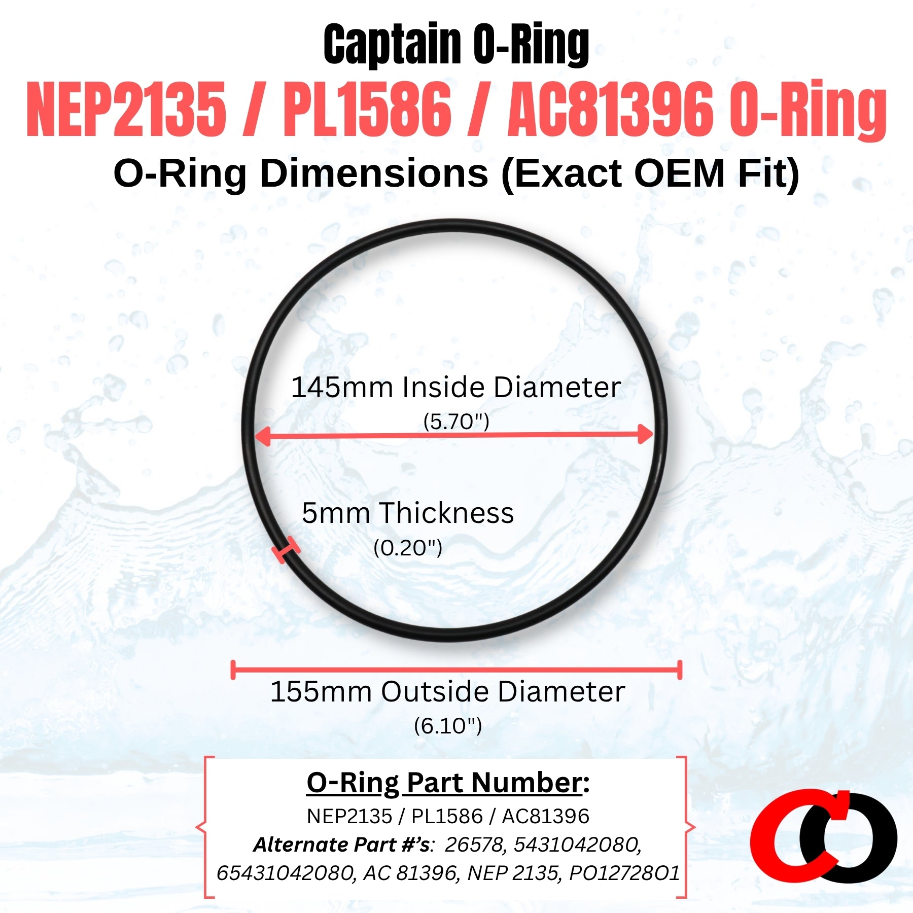 NEP2135 / PL1586 / AC81396 o-rings for Pureline, Splash, Blue Wave, SPLAPOOL, Doheny’s, Reliant, Pooline, and more Pool Pumps (2 Pack)