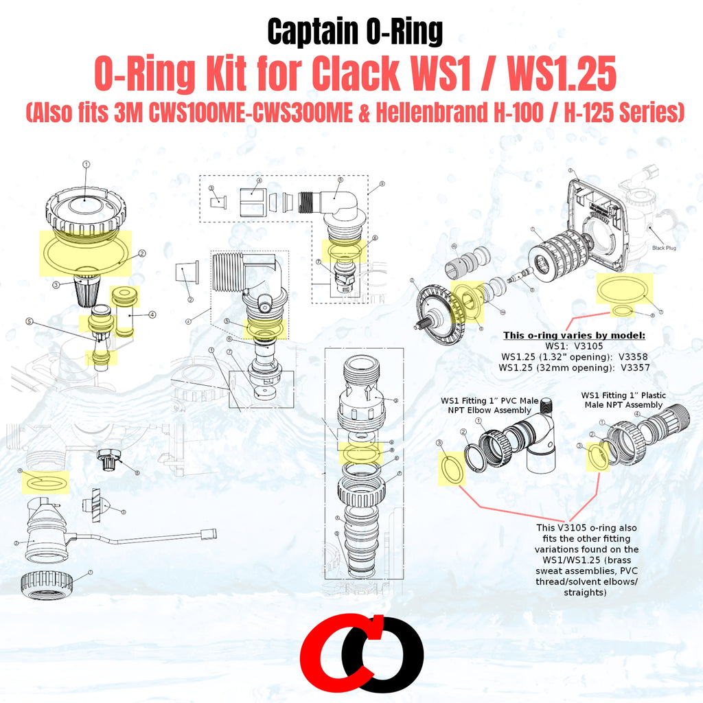 O-Ring Kit for Clack WS1 / WS1.25, 3M CWS100ME-CWS300ME, Hellenbrand H-100 H-125 Water Softener