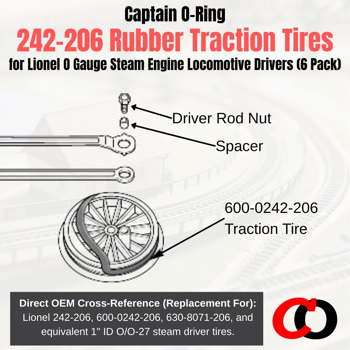 242-206 Rubber Traction Tire Replacements for Lionel O Gauge Steam Engine Locomotives (6 Pack)
