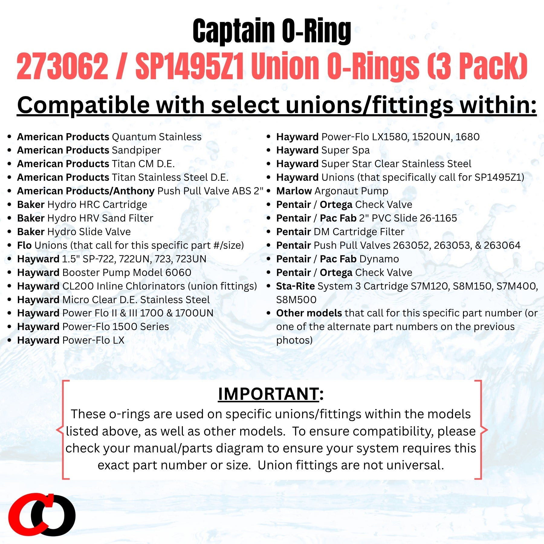 273062 / SP1495Z1 Union O-Ring for Pentair, Hayward, Jacuzzi, Waterway and more (3 Pack)