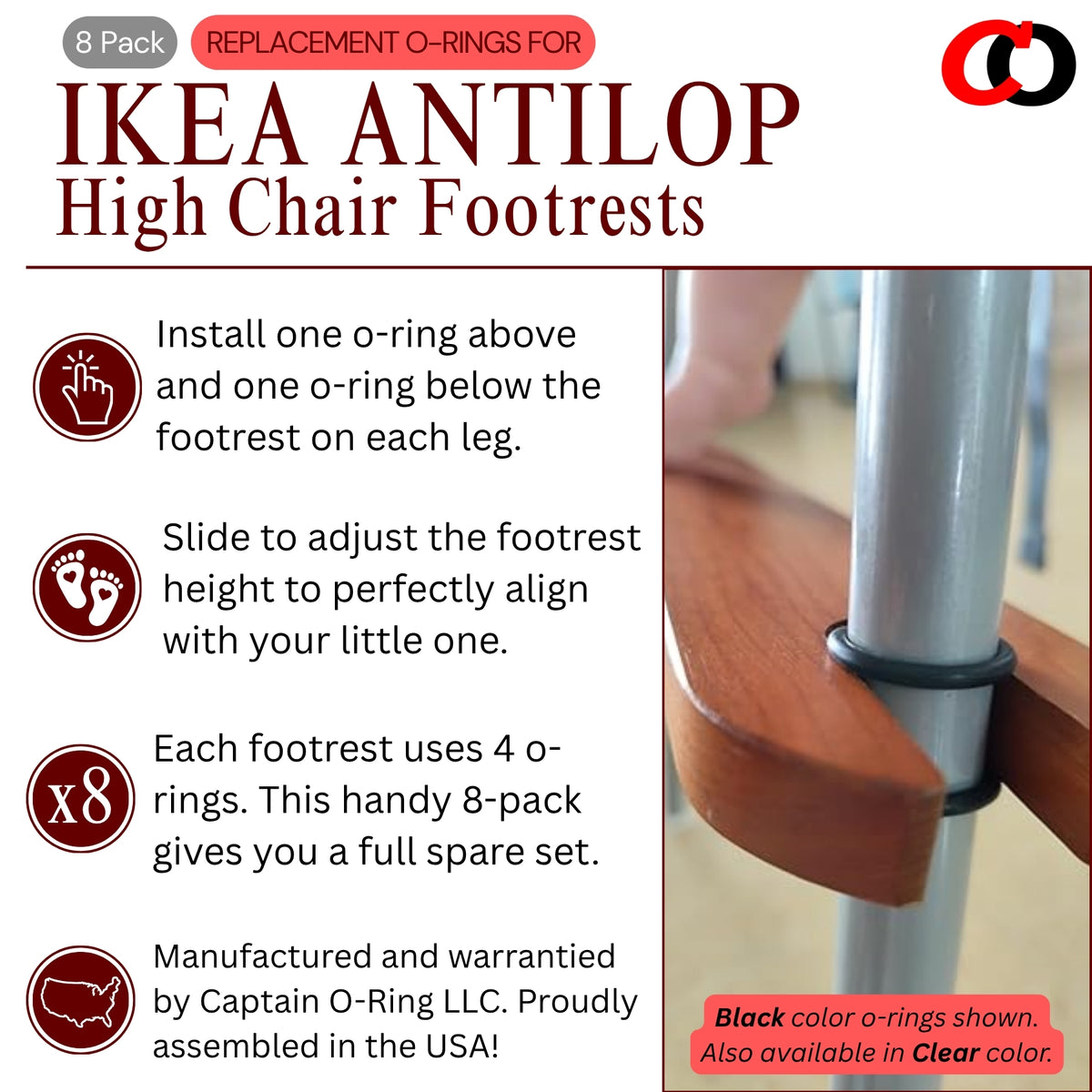 O-Rings for IKEA Antilop Baby High Chair Footrest (8 Pack) - Choose Color