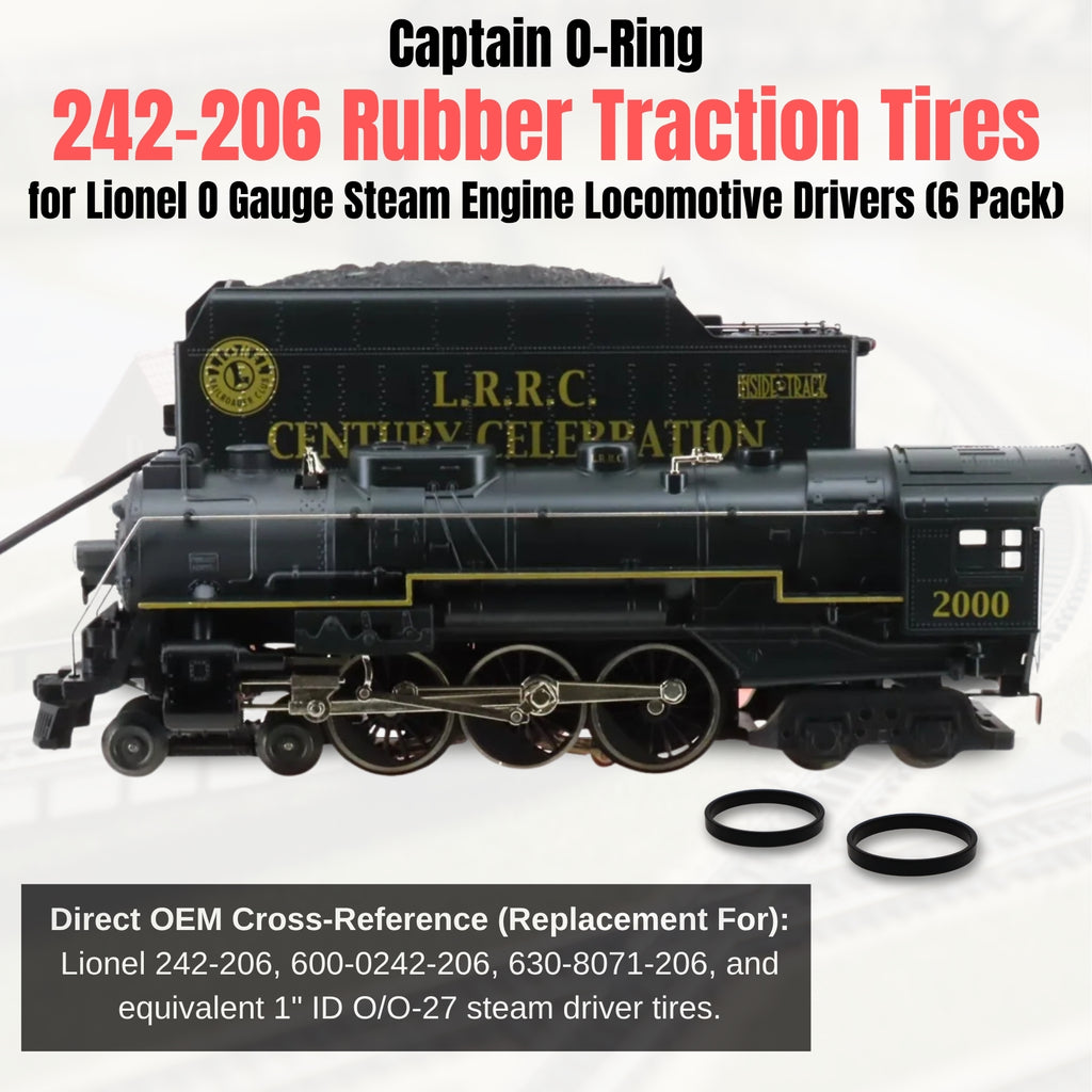 242-206 Rubber Traction Tire Replacements for Lionel O Gauge Steam Engine Locomotives (6 Pack)