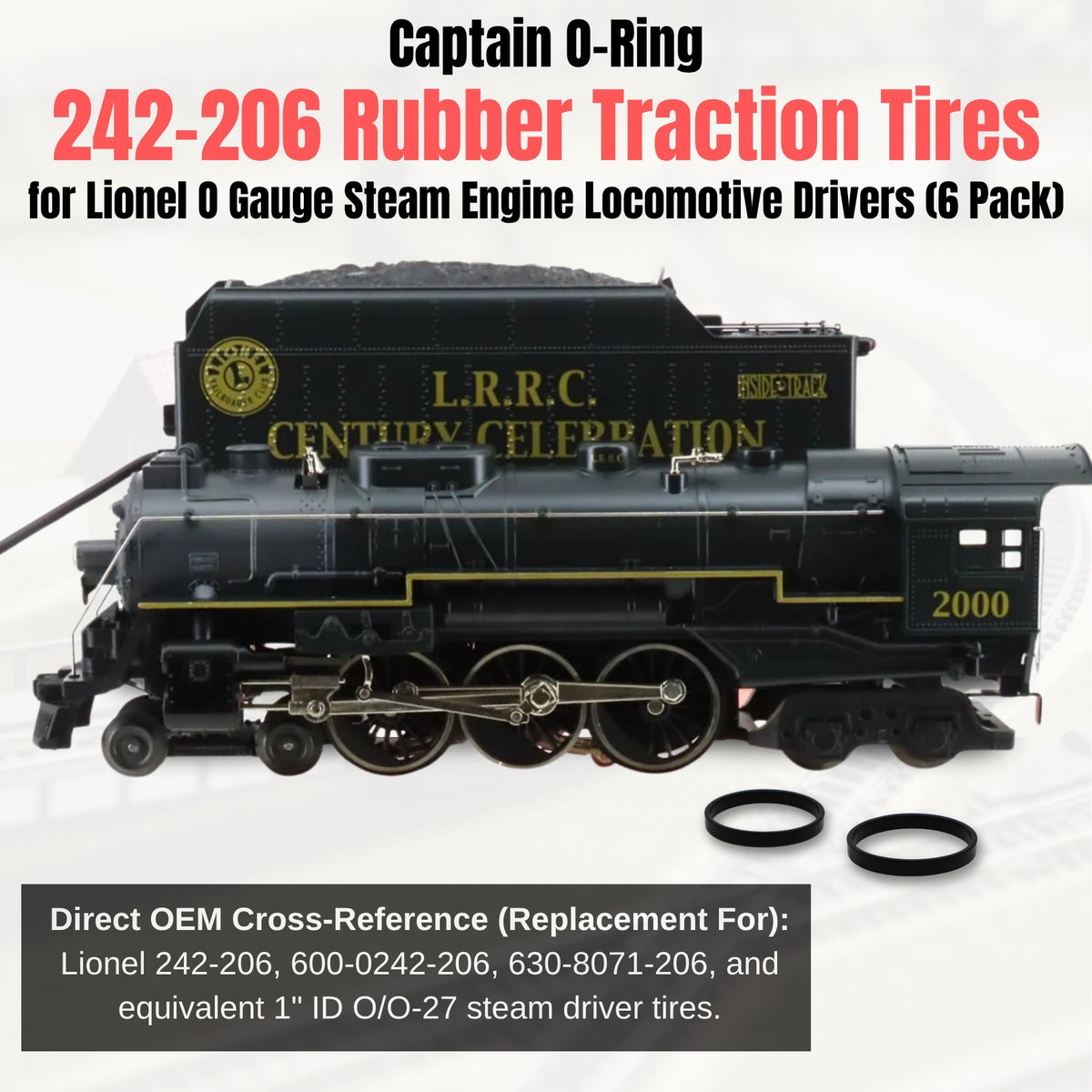 242-206 Rubber Traction Tire Replacements for Lionel O Gauge Steam Engine Locomotives (6 Pack)