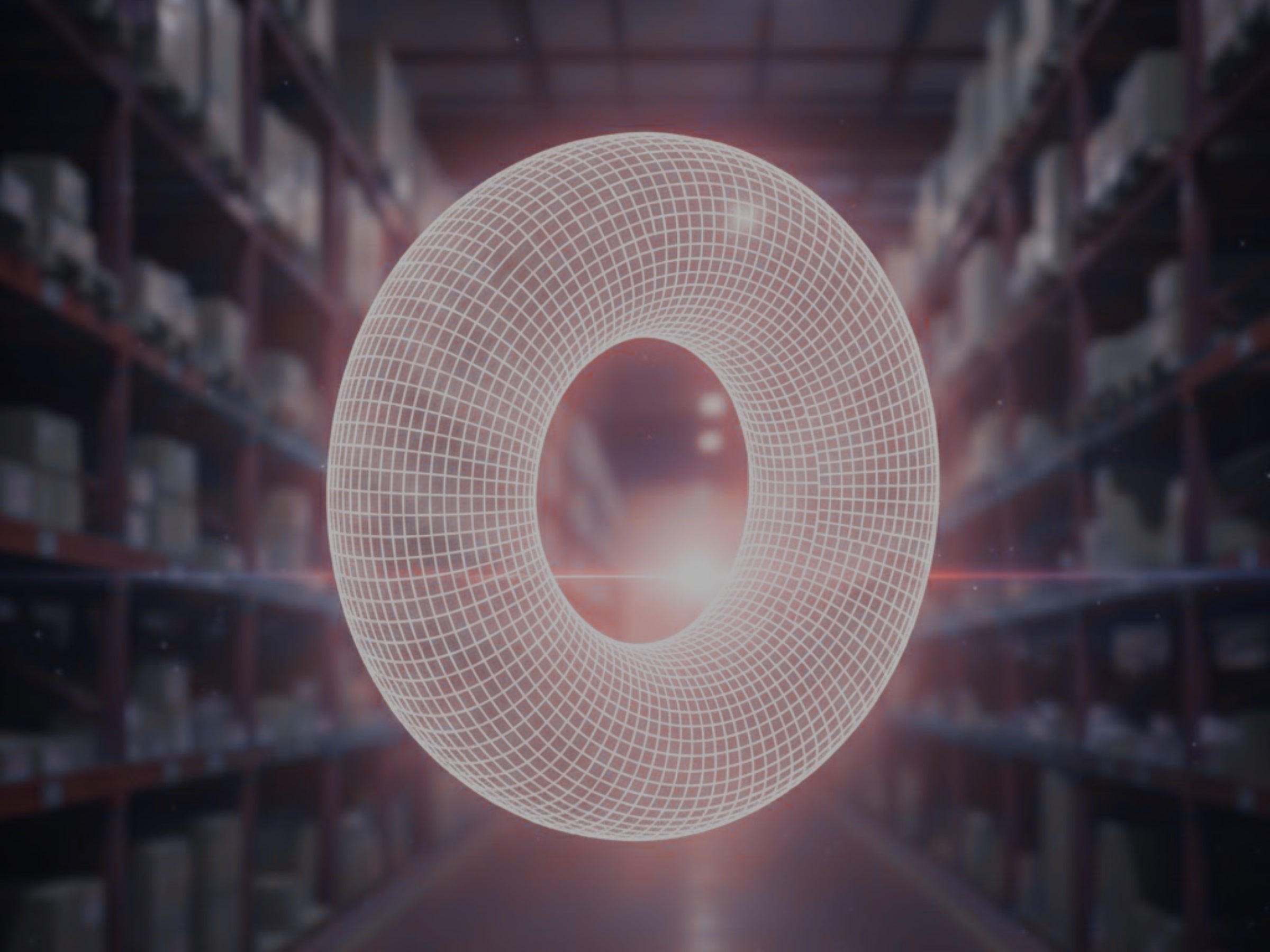 Industrial O-ring wireframe engineering drawing over a large distribution warehouse.