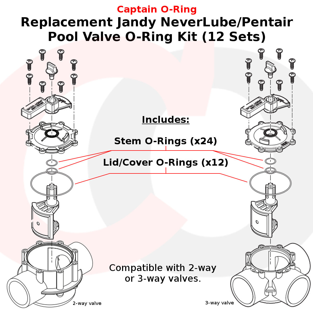 (12 Sets) Valve Cover & Shaft O-Rings for Jandy NeverLube/Pentair Valves (Part Numbers 1132/51016200 and R0487100/192039/O-158) and Hayward PSV valves (P/N: PSXVZ2A)