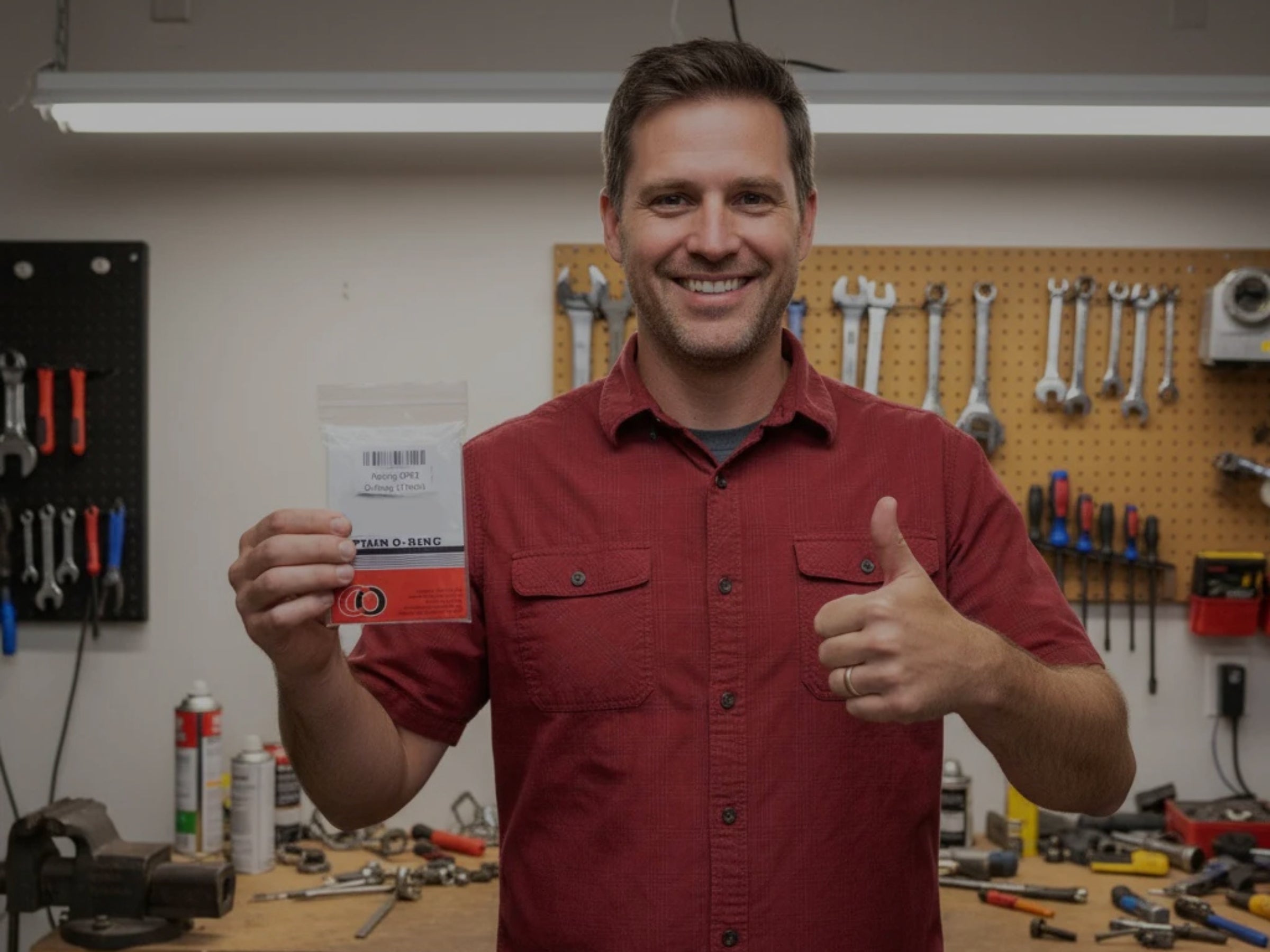 DIY Handyman or Professional technician holding a Captain O-Ring rebuild kit in a workshop.